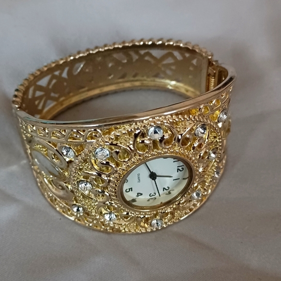 Accessories - Jeweled cz crystals in gold tone bangle watch Victorian type design timepiece